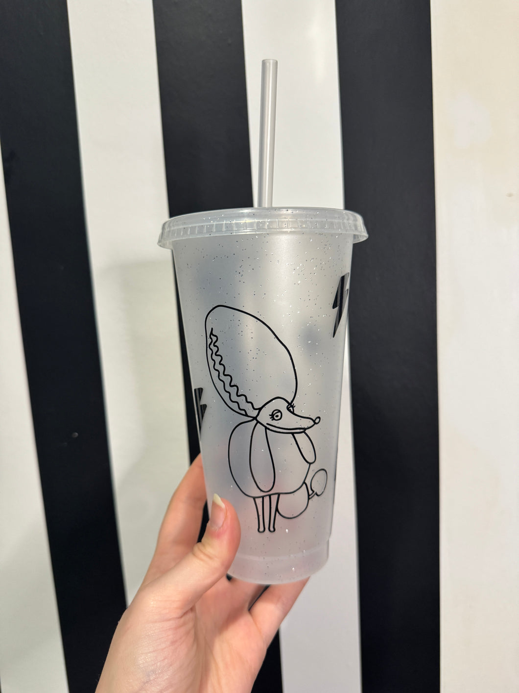 Clear Glitter Cup with Black Frankenweenie